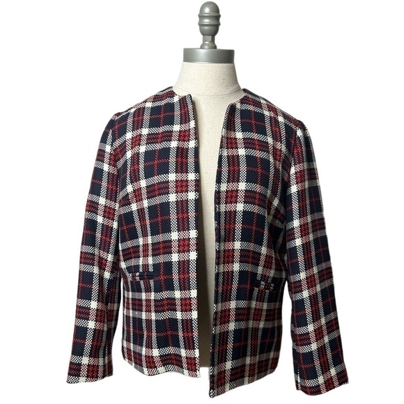 ATMOSPHERE Red Blue White Plaid Long Sleeve Open Tweed Style Blazer Size 8 - Picture 2 of 10